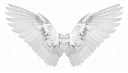 Obraz premium Symmetrical white feathered wings spread open on plain background. Layered feathers and textured center evoke themes of flight, purity, spirituality, and angelic symbolism in visual design.