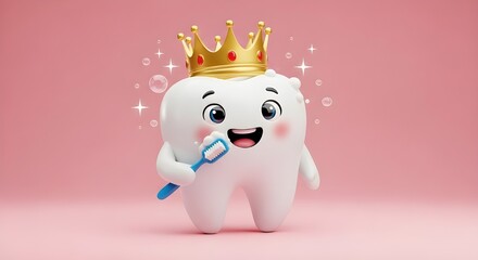 Joyful 3D Cartoon Tooth with Golden Crown on Pink Background