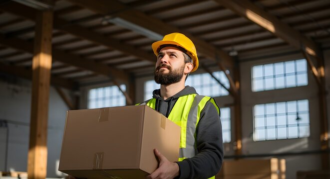 Warehouse worker in safety vest and hard hat carrying cardboard box.