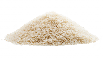 A close-up view of a mound of uncooked white rice. its texture and sheen against a plain white background. ideal for culinary or food-related themes