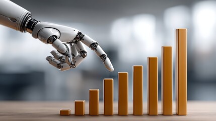 Robotic Hand Pointing at Rising Bar Graph Representing Data Growth and Artificial Intelligence Innovation
