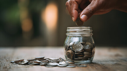 Savings: A hand deposits a coin into a glass jar overflowing with money, embodying the spirit of finance, investing and personal wealth.