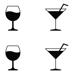  Set of four black and white drink glass icons including wine and cocktail silhouettes with straws, ideal for menus, design, and hospitality
