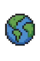 Pixel art Earth icon. 8-bit planet globe for retro video game asset. World map symbol for ecology, environment and nature conservation concept. Global digital graphic.