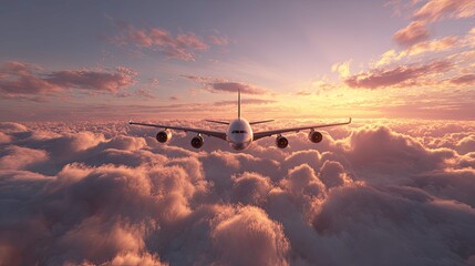 an airplane is flying above a cloud filled sky at sunset