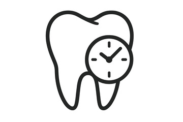 Dental appointment time icon. Tooth with clock symbol. Dentistry schedule, checkup reminder concept. Oral health care, hygiene. Dentist visit waiting time. Vector line art.