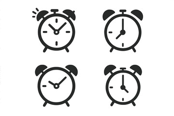 Alarm clock icon set. Simple line art symbol for time management. Wake up, reminder, schedule, and deadline concepts. Vector graphic element for web design, apps. Flat illustration.