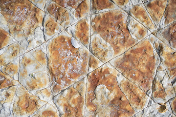 Detailed view of a weathered sedimentary rock surface on Sakushima Island, Japan, showing natural cracks, layers, and warm earthy tones.