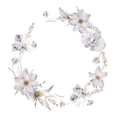 Watercolor Dusty Flowers Wreath with Lush Greenery and Delicate Blossom, Elegant Botanical Frame for Wedding Stationery and Anniversary Designs