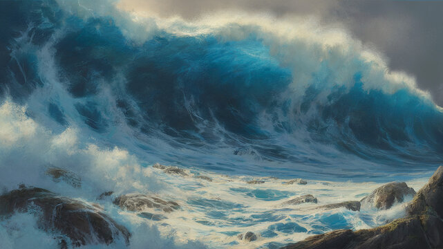 Dramatic depiction of a powerful ocean wave crashing against rocky coastal shores in painting style