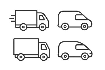 Delivery truck and van line icon set. Fast shipping and logistics transport symbol. Cargo freight service outline pictogram. Commercial vehicle, car editable stroke vector.