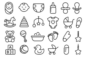 Newborn baby line icon collection. Parenthood and childcare vector symbol set. Includes stroller, diaper, bottle, pacifier, toy. Editable stroke pictogram for baby shower.