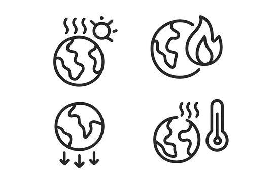 Global warming and climate change icon set. Planet Earth on fire, high temperature, and environmental disaster. Ecology crisis concept. Linear symbols for web design.