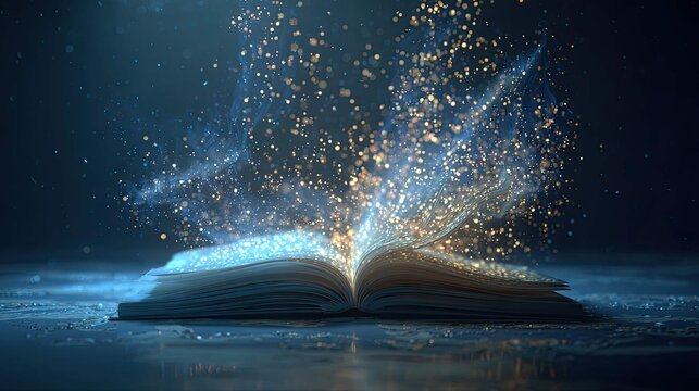 an enchanting scene featuring an open book that appears to be casting a magical spell. the pages of the book are filled with what seem to be small stars, giving off a celestial vibe