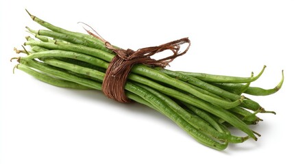 a single stalk of fresh green asparagus tied with a brown twine and placed on a white background