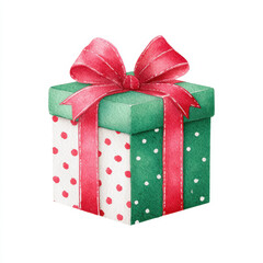 Fototapeta premium Watercolor christmas gift box with red ribbon and bow green lid and festive polka dot pattern evokes joyful holiday spirit perfect for seasonal decoration or greeting card design