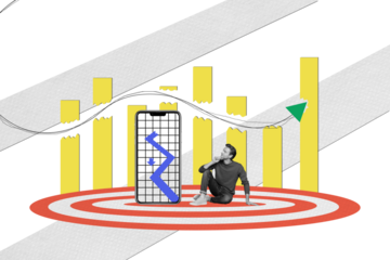 Creative collage picture young man decide dilemma hmm guess strategy plan charts improvement economy statistics smartphone screen