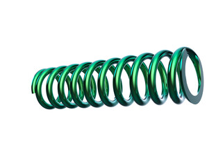 Industrial Technology: Chrome Green Coiled Wire Compression Spring Close-Up; Realistic 3D Rendering of a Vehicle Suspension Auto Part and Force Mechanism, High Quality PNG Engineering Component.