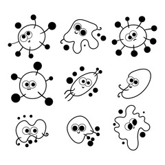 Funny Microbes Vector Set, Cute Bacteria and Virus Icons 