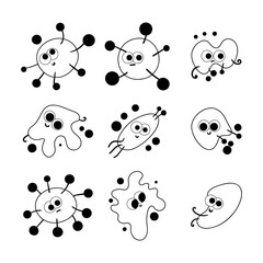 Doodle Funny Microbes Vector Pack, Cute Bacteria and Virus Icons 