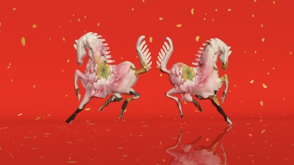Two floral pink horses gallop on a bold red background, celebrating the 2026 Year of the Horse; festive confetti, Asian New Year spirit, luck and energy&mdash;ideal for holiday greetings and promotions.