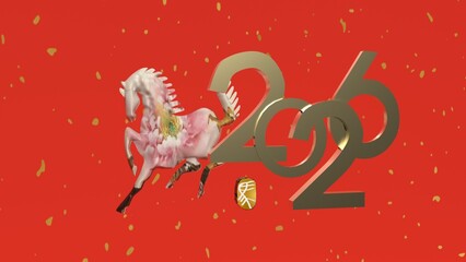 Festive 2026 Year of the Horse. Golden numbers, elegant floral horse, and auspicious symbols on a vibrant red background. Ideal for Lunar New Year and celebration designs.