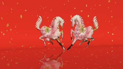 Two elegant pink horses gallop on a vibrant red background with golden confetti, celebrating the 2026 Year of the Horse. Festive and culturally rich design for Lunar New Year.