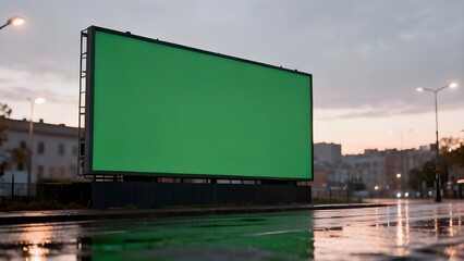 Large blank green screen billboard in a wet city street at twilight, perfect for advertising mockups.