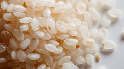 a close up of raw, white rice grains on a light background