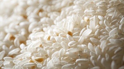 a close up view of white rice grains against a blurred brown background that suggests a texture similar to sand or soil