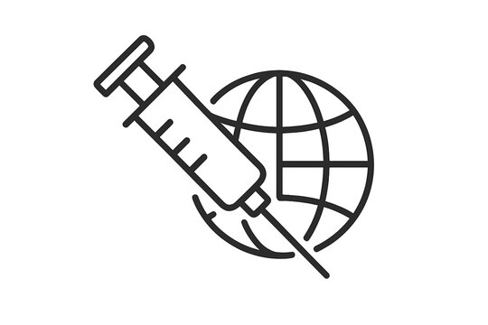 Global vaccination campaign syringe icon, minimalistic outline vector illustration, world health immunization concept, epidemic prevention, medical injection graphic for web and social design