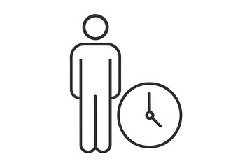 Obraz premium Thin line icon of full body user with clock concept, time management, productivity, deadline, schedule reminder, minimalist vector illustration for apps and graphics