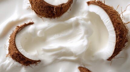 two coconuts with their white flesh exposed, set against a creamy backdrop that suggests they are in a bowl of coconut milk