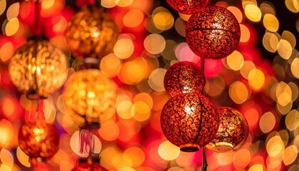 Obraz premium Diwali Celebration 2025, macro shot of illuminated traditional lanterns with bokeh lights in vibrant reds and golds, conveying a festive mood indoors.