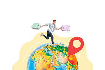 Composite photo collage of happy guy hold suitcase run earth globe planet arrow navigation icon route trip isolated on painted background