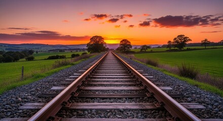 Fototapeta premium A serene railway track stretches into the distance, framed by vibrant green fields and lush, rolling hills under a fiery sunset.