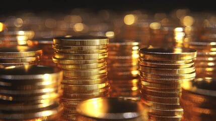 a close up view of gold coins piled high, suggesting wealth or financial abundance