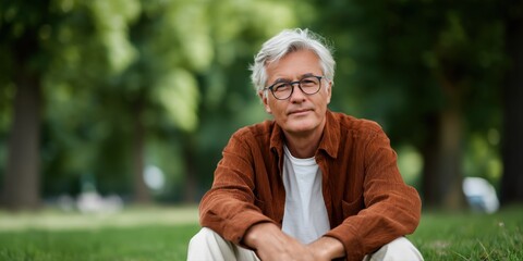 Caucasian mature male in rustic shirt relaxing on grass in lush park setting
