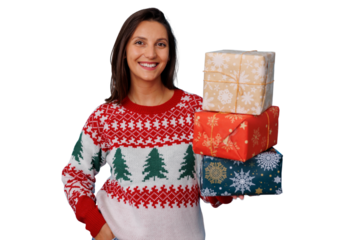 Young woman smiling, wearing a festive christmas sweater, holding a stack of holiday gifts, transparent background