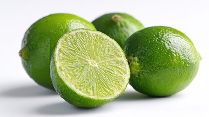 a collection of fresh limes with their peels intact, arranged closely together against a white background