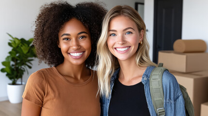 Two smiling young women, one with curly hair and the other with straight hair, stand together in a bright room filled with moving boxes, celebrating their new housing experience