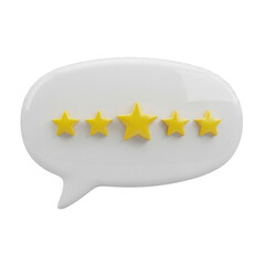 User feedback with five star rating. White speech bubble with five star icon. 3d icon illustration isolated on transparent background, PNG. Concept of online feedbac 