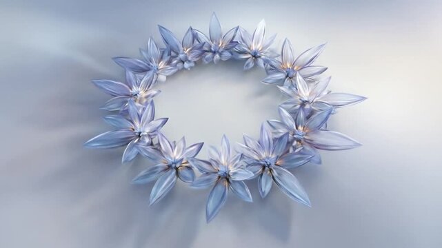 Floral wreath composition of light blue and purple elements on white