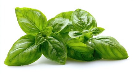 Fototapeta premium fresh basil leaves with water droplets on their surfaces, set against a white background