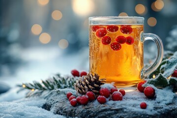 Mug of tea garnished with holly and berries.