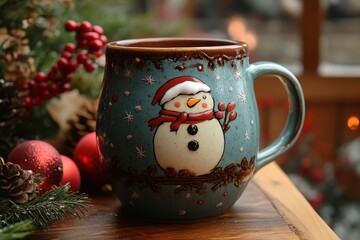 Snowman mug with red scarf, carrot nose, and top hat on a white background.