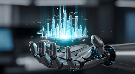 Robotic hand presents a futuristic smart city hologram, symbolizing advanced technology, artificial intelligence, and urban development innovation