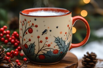 Christmas-themed cup with a festive scene.