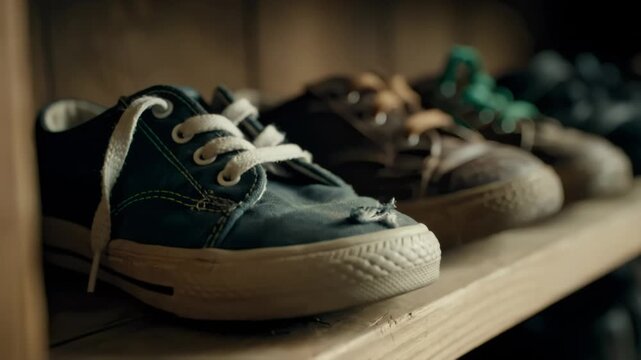 Aged canvas shoes on wooden shelf evoke nostalgic memories.