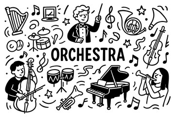 Orchestra doodle composition with conductor, musicians, violin, harp and classical music instruments, Transparent Background